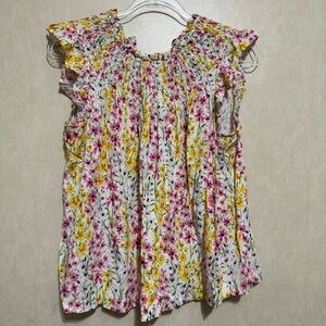 Crown & Ivy Pink Yellow Floral Smocked Cap Sleeve Top
